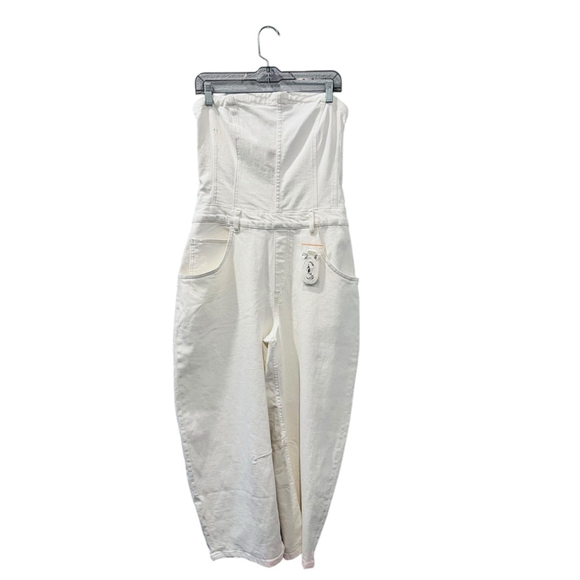 We The Free People NWOT Je Suis Pret Barrel Jumpsuit Size Large White Denim Zip - Picture 2 of 8